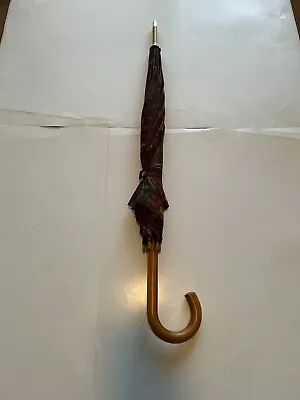 Vintage LAUREN Ralph Lauren Burgundy Floral Umbrella Wood Handle Cotton/Poly • $59.95