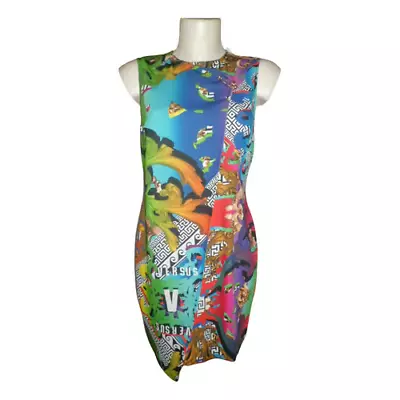 NEW VERSUS VERSACE FAUX WRAP PRINTED DRESS With PIN SIZE IT42 / 6 US / 10 UK • $380