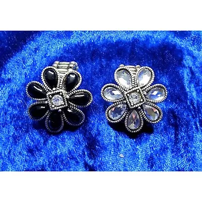 Vintage Black Stone Flower Ring & Chrystal Rhinestone Ring Stretch Band. • $16.41