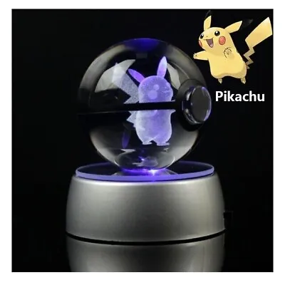 3D Crystal Ball Pikachu Figure Pokeball Engraving Crystal Model Led Light • $31.99