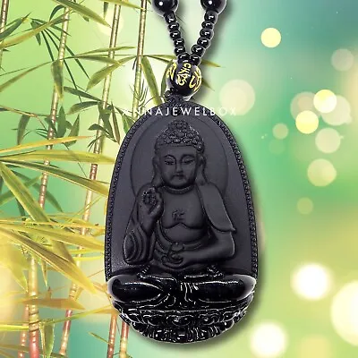 Fearless Protection Amulet Hand Carved Black Obsidian Buddha Pendant Necklace UK • £6.95