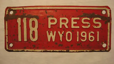 $39.99 • Buy 1961 Wyoming Motorcycle Size Press License Plate #118 - Original And Used