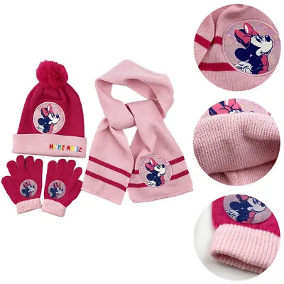 Girls Winter Minnie Mouse Pom Pom Hat Scarf Gloves Set Kids Knitted Beanie Hat • £10.64