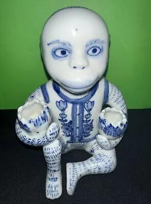 Vintage Chinoiserie Blue/White Monkey Candle Holder Taper Pottery Ape Rare • $34.99