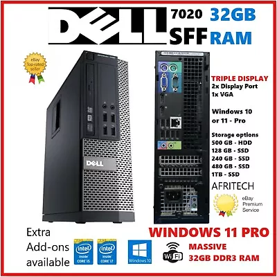 Windows 11 Pro -DELL OPTIPLEX 7020 Intel I7 2TB SSD 32GB RAM Desktop PC SFF WIFI • £289