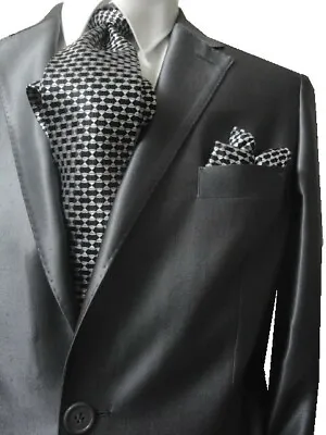 CARLO LUSSO 2 Button EURO SLIM Solid Medium Silver Shiny Sharkskin Men's Suit  • $208.95
