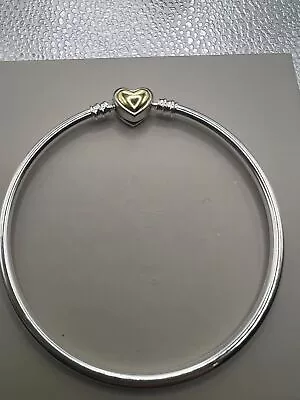 Pandora Domed Golden Heart Clasp Silver  Bangle Bracelet 19cm(599380C00) • £9.95