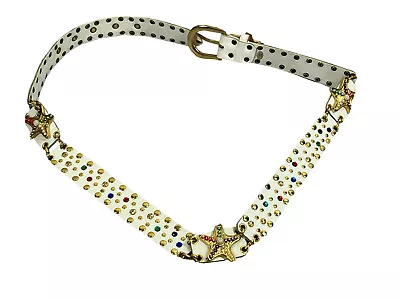 Vtg 80s Comeco Leather Belt Womens Rhinestone Jeweled Studded Star Fish S/M • $34.95