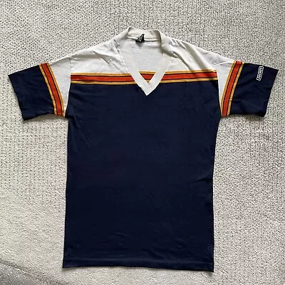 Vintage 70s Jockey Man In Motion Medium V Neck Chest Stripe T Shirt Blue • $30