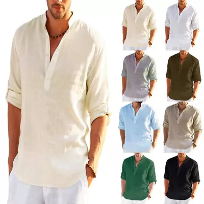 $16.37 • Buy Mens Cotton Linen V-Neck Long Sleeve T-Shirt Tops Casual Loose Solid Blouse Tee