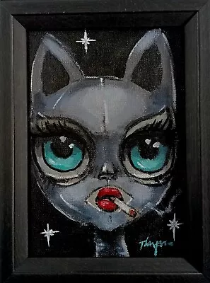 Original Cat Girl Painting Thayer Art OOAK Retro Big Eyes Canvas MCM Not A Print • $30