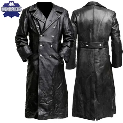 Men's Black Leather German Classic Ww2 Military Officer Uniform Trench Long Coat • $56.50