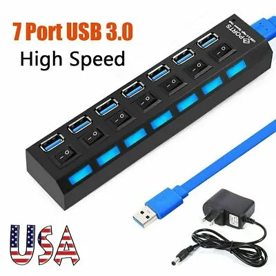 7-Port USB 3.0 Hub High Speed ON/OFF Switch AC Power Adapter Cable For Laptop PC • $13.55