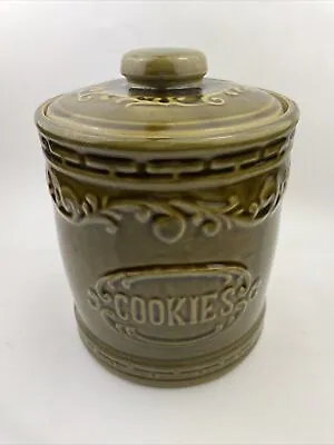 Vintage 1970s Monmouth Ceramic Lidded Cookie Jar Avocado Green Raised Scrolling • $19.99