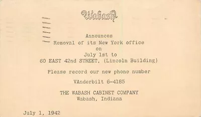 Wabash NYC Moving Notice Wabash Cabinet Company Wabash IN Indiana 1942 • $8.95