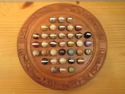 11  Hand Carved Round Wood Solitaire Marble Board Game Set W/37 Natural Marbles • $80