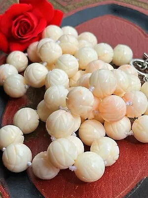 VTG S925 Huge Carved Natural Pink White Angel Skin Coral Beads Necklace 37” 205g • $388.80