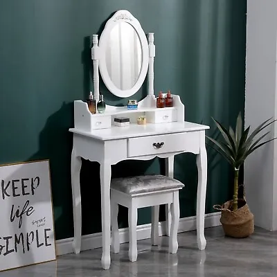 Dressing Table 3 Drawer Makeup Desk Dresser W/Mirror And Stool Bedroom White • £69.95