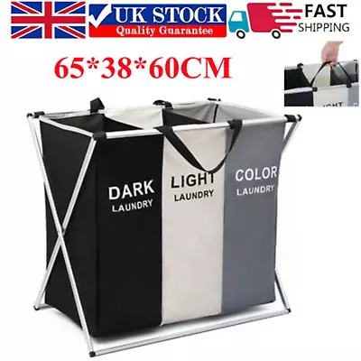3 Section Laundry Basket Hamper Clothes Bin Organiser Folding Light Dark Colour • £14.99