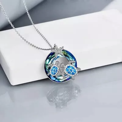 Blue Rainbow Mystical Fire Topaz 925 Sterling Silver Sea Turtle Pendant Necklace • $19.74