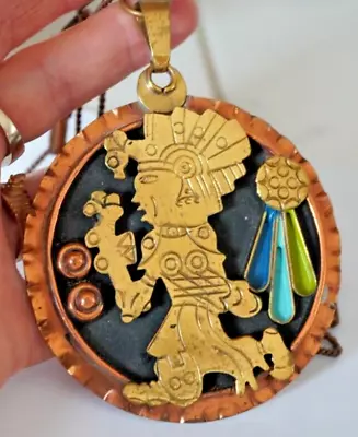 Vintage Aztec Mayan Design Enamel Copper & Brass Medallion With Necklace Mexico • $19.99