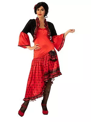 Spanish Dancer Costume For Adults Womens Red & Black Flamenco Dress & Headpiece • $57.56