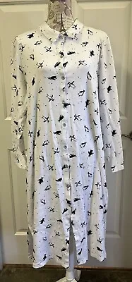 THE VERMONT COUNTRY STORE Sz 1X White Penguin Motif  Button Gown 100% Cotton • $18