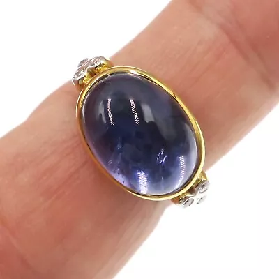 Rare 14k Solid Yellow Gold Natural Cabochon Tanzanite And Diamond Ring Size 6.75 • £502.86