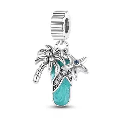 Silver S925  Palm Tree Flip-flop Dangle Gift Charm Pendant For Bracelet Necklace • £12.70