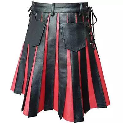 Men Kilt BLACK RED Leather Gladiator Pleated Utility FLAT FRONT Pocket Wrap • $94.99