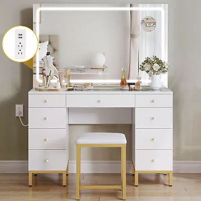 Vanity Set With Led Lights Makeup Desk Dressing Dresser Desk Table With 9 Drawer • $320