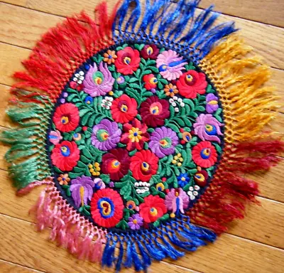 Antique Hungarian Table Topper Matyo Round Hand Floral Embroider Silk W Fringes • $89.99