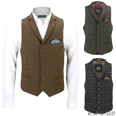 Mens Wool Mix Herringbone Tweed Check Vintage Collar Waistcoat Tailored Fit Vest • £39.99