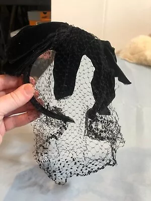 VINTAGE MCM Black Velvet Bow Headband With Veil Netting • $14.94