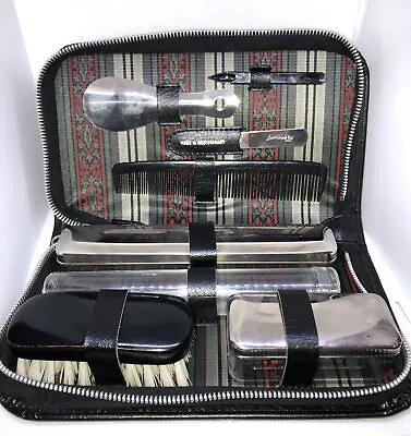 Vintage Mens Travel Grooming Toiletries Kit Black Leather Case (Read) • $29.99