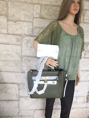 Michael Kors Hamilton Legacy Large Leather Belted Satchel Olive Green Dust Bag • $380