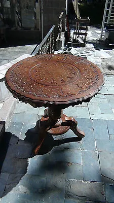 Unique Antique Mahogany Wood Middle East Round Table W/brass & Copper Inlay • $950