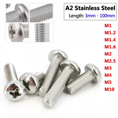 Pan Head Phillips Machine Screws M1-M10 A2 Stainless Steel GB818 3mm-100mm Long • $1.11