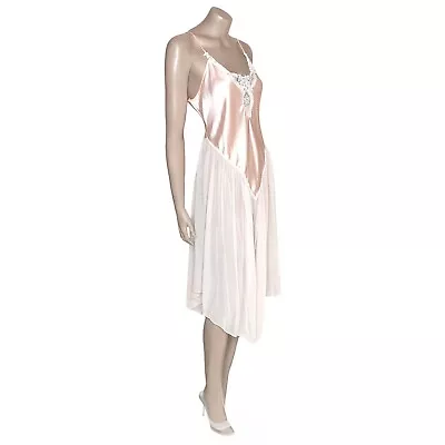 Vintage Pink Lace Chiffon Princess Basque Satin Nightgown Slip Fairycore Soft L • $45