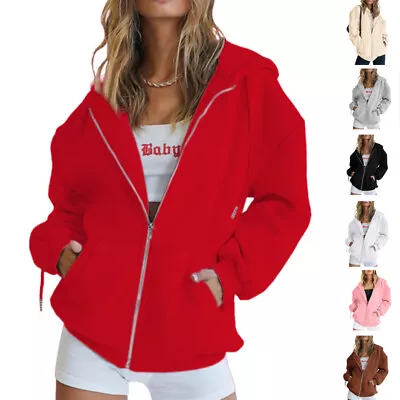 Womens Hoodies Solid Sweatshirt Ladies Loose Long Sleeve Zip Up  Pullover Tops ☆ • £7.20