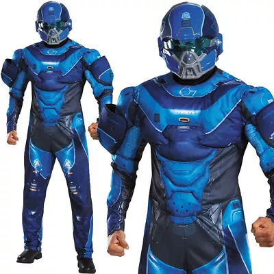 Mens Blue Halo Spartan Locke Costume Deluxe Muscle Chest Comic Con Fancy Dress • £45.99