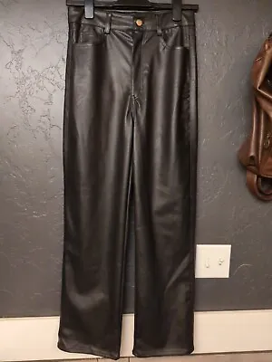 H&M Black Faux Leather Trouser Pants Womens 6 28x26 Straight Leg Mid Rise Flat • $18