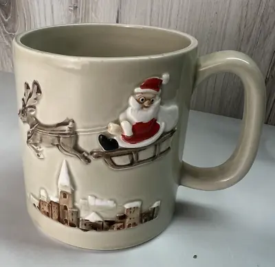 Vintage Otagiri 3D Christmas Mug Cup Santa Flying Rudolph Reindeer 1981 • $18.87