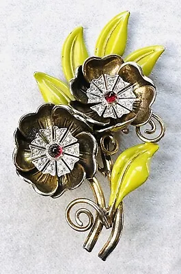 Vintage Trifari ? Brooch Flowers Enamel  Leaves Rhinestone Ruby Cabochon • $74