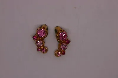 Vintage Austria Pink Crystals Rhinestone Clip On Earrings Gold Tone • $24.99