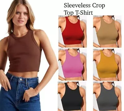 Ladies Summer Casual Blouse Shirt Womens Sleeveless Vest Tank Ribbed Crop Top • £4.99