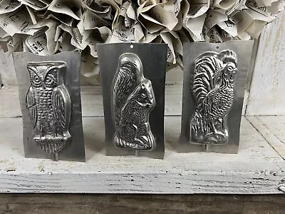 3 VINTAGE TIN/METAL CHOCOLATE CANDY SUCKER MOLDS Owl Squirrel Rooster • $36