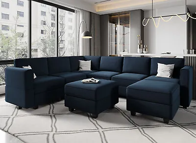 Belffin Modular Sectional Sofa With Storage Oversized U Shaped Couch Velvet Blue • $825