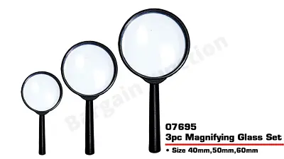 3 Pack Magnifying Glass Set Magnifier Glass Lens Handheld Tool 40mm 50mm 60mm • £3.80