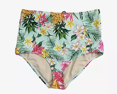 UNIQUE VINTAGE MONROE High Waist Bikini Bottoms Mint Tropical Size L   5724 • £22.56